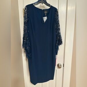 Elegant Navy Blue Dress with Embellished Sleeves